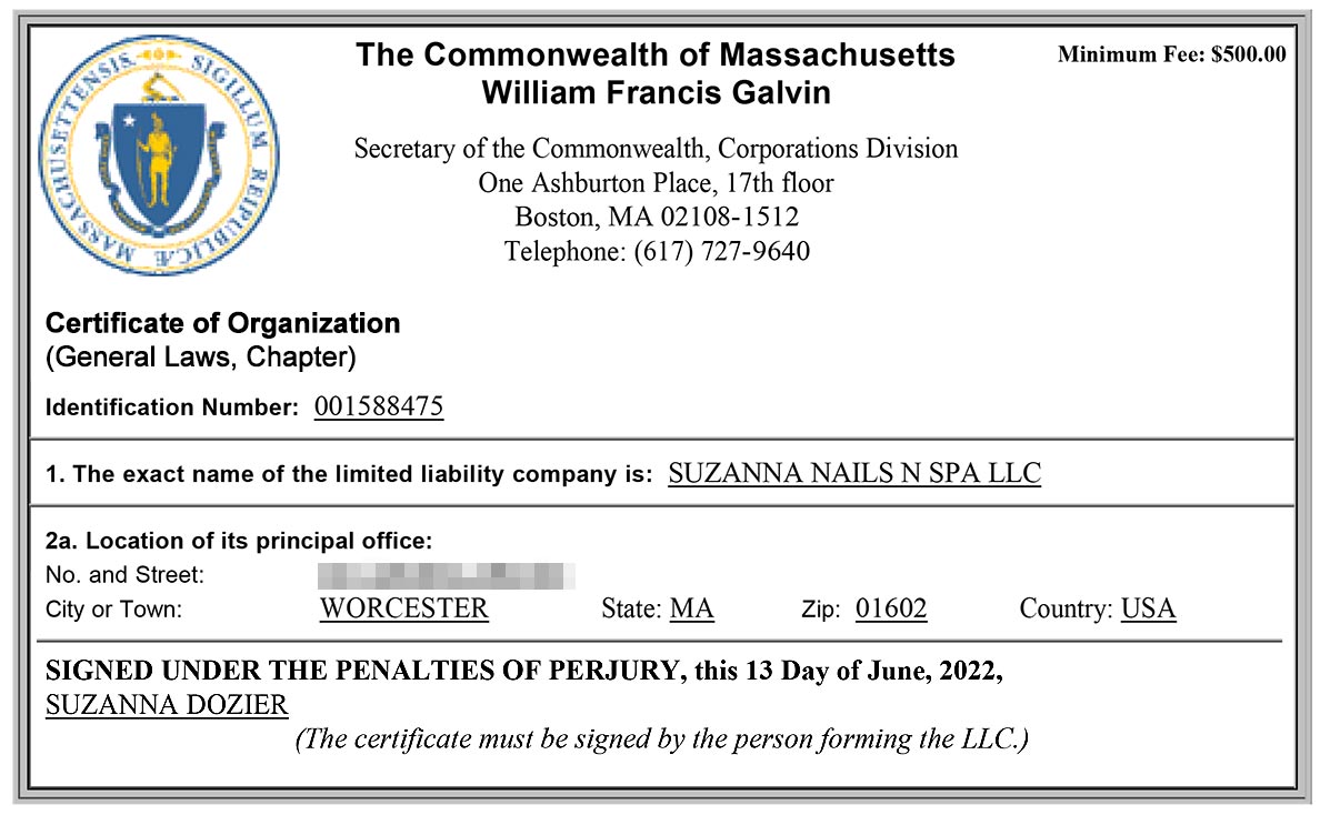 Massachusetts Secretary of State Certificate about fraudulent Suzanna Dozier's LLC.